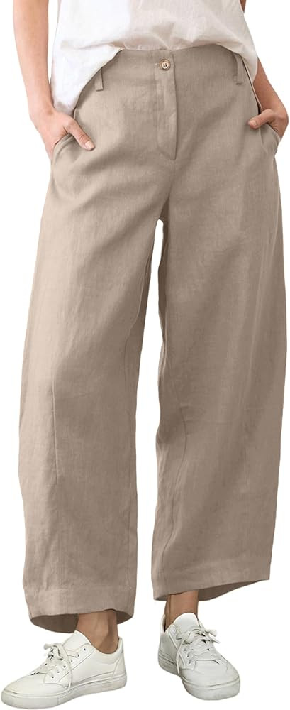 Athlisan Womens Linen Barrel Pants Casual Baggy Wide Leg Palazzo Trousers Summer Beach Capri Pant... | Amazon (US)