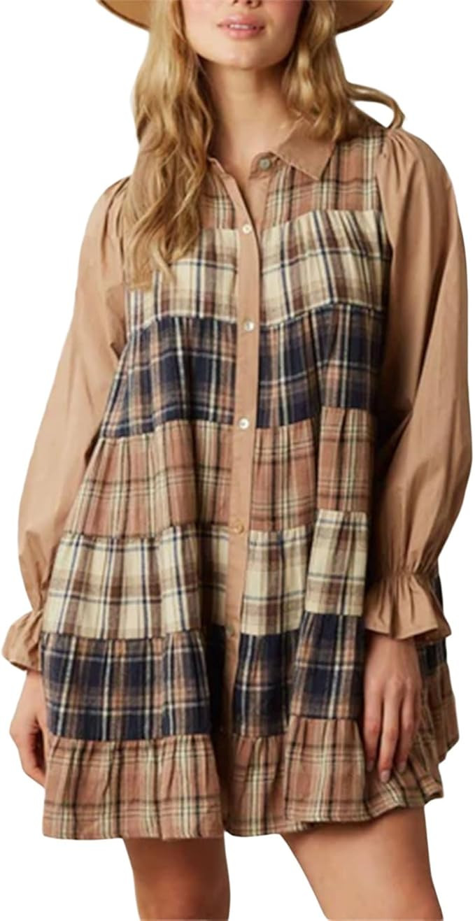 Women's Cute Babydoll Dress Y2K Plaid Puff Long Sleeve Button Down Shirt Dress Ruffle Hem Pleated... | Amazon (US)