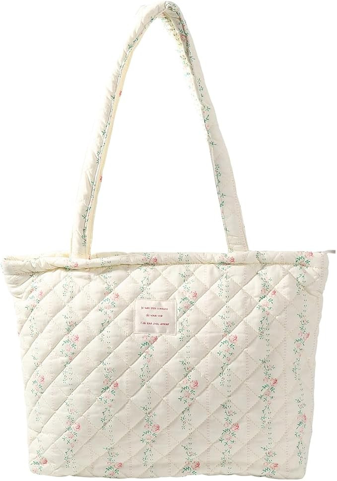Floral Quilted Tote Bag with Zipper Lightweight Reusable for Women Cotton Shoulder Bag for Travel... | Amazon (US)