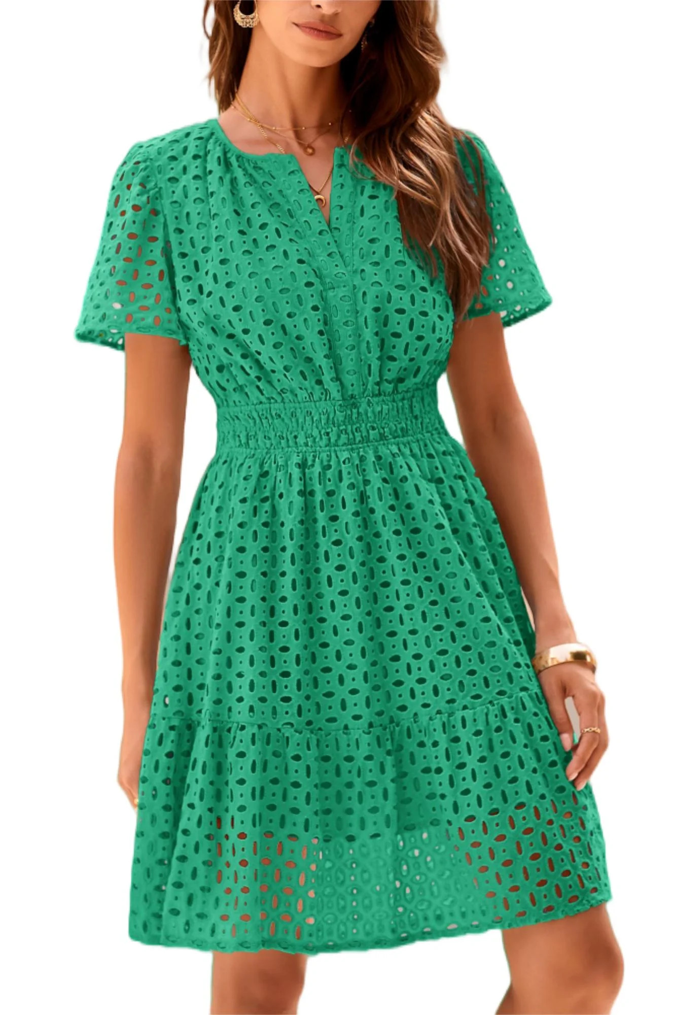 PRETTYGARDEN Womens Summer Short Dress V Neck Short Sleeve A Line Wear To Work Hollow Out Lace Ru... | Walmart (US)