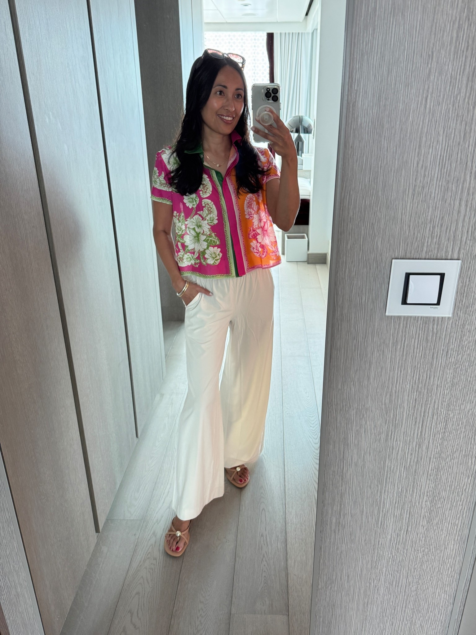 Vacation outfit. Cruise outfit. Resort outfit. Resort wear. 
I sized up in top. 
Pants are true to size. Really nice fit and cut. Athleisure style pants that I like to wear dressy too. 
Designer inspired amazon sunglasses. 
Slide sandals  

#LTKTravel #LTKOver40