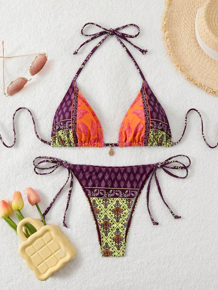 SHEIN Swim Vcay Summer Beach Women's Vacation High Waisted Paisley Printed Halter Neck Tie Sexy B... | SHEIN