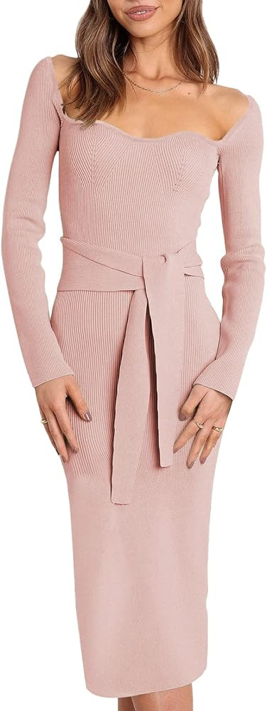 Prinbara Women's Long Sleeve Sweetheart Neck Ribbed Knit Tie Waist Bodycon Midi Sweater Dress | Amazon (US)