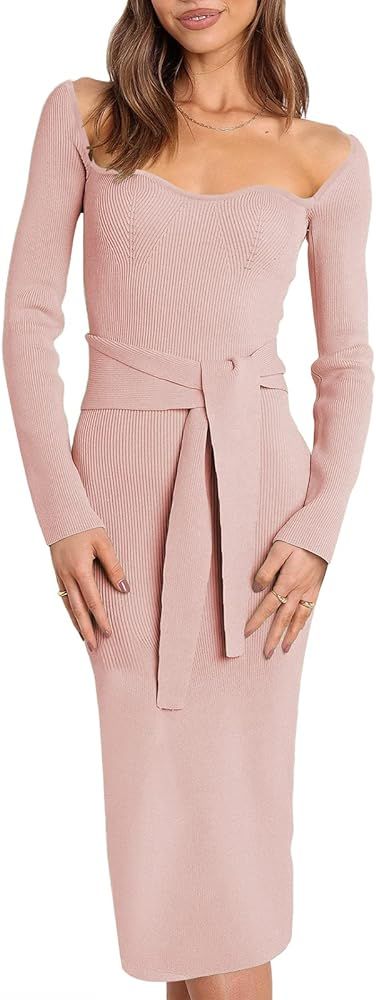 Prinbara Women's Long Sleeve Sweetheart Neck Ribbed Knit Tie Waist Bodycon Midi Sweater Dress | Amazon (US)