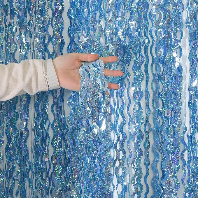 4 Pack Wavy Blue Tinsel Backdrop Streamers Party Decorations 3.3x6.6 Feet | Foil Fringe Curtain O... | Amazon (US)