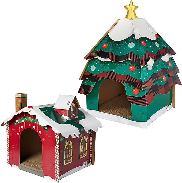 Bundle: Frisco Holiday Christmas Tree + Holiday Santa's Workshop Cardboard Cat House | Chewy