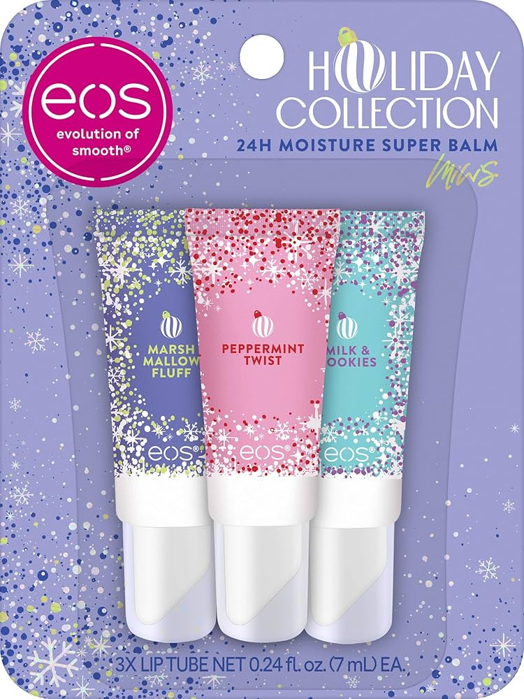 eos Holiday 24H Moisture Mini Super Balm Set, Peppermint Twist, Milk & Cookies, Marshmallow Fluff, Limited Edition Lip Care, Stocking Stuffers, 0.24 fl oz, 3-pack | Amazon (US)