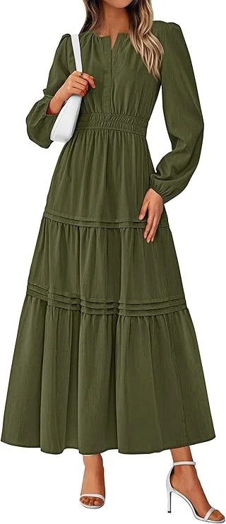 PRETTYGARDEN Women's Elegant Maxi Dresses Long Sleeve V Neck Flowy Pockets Casual Modest Dress Fa... | Walmart (US)