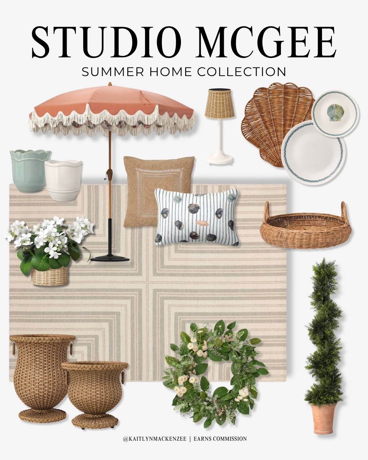 Studio McGee summer home finds that feel light, coastal, and easy to mix into any space 🤍

Striped neutral rug, scalloped patio umbrella, woven baskets + trays, rattan planters, shell print pillows, outdoor melamine dishes, table lamp, faux greenery wreath, and topiary tree—everything is affordable and perfect for summer styling indoors or out.

Simple pieces that make your home feel fresh without overthinking it.

#LTKHome #LTKSeasonal