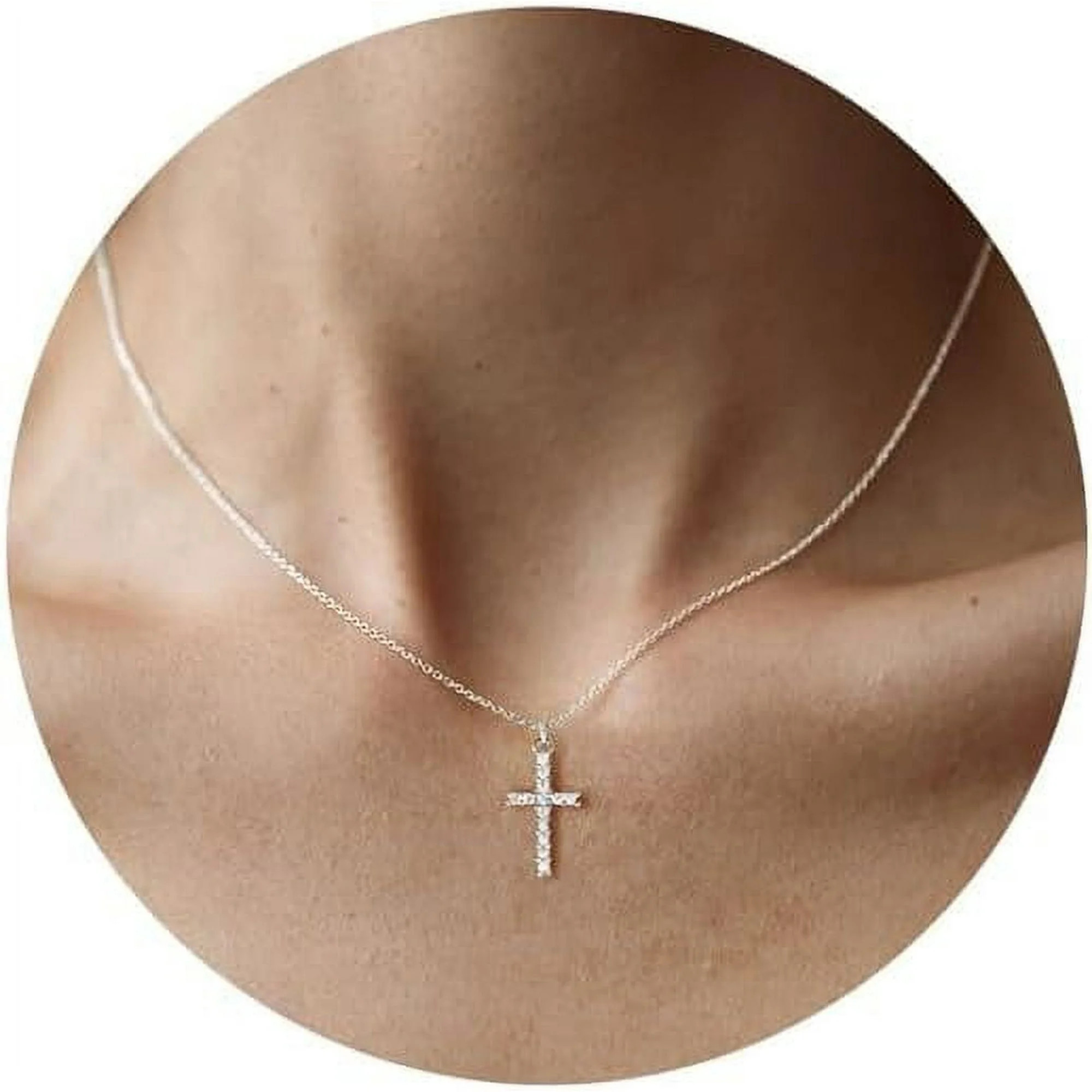 Cross Necklace, 14K Gold Plated Box Chain Cross Pendant Necklace Dainty Simple Silver Cross Tiny ... | Walmart (US)
