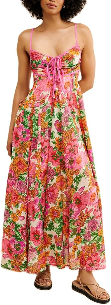 HOXIJIA Women Sleeveless Floral Print Maxi Dress - Low Cut Backless Spaghetti Strap Summer Beach ... | Amazon (US)