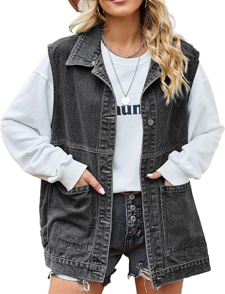 PAODIKUAI Women's Oversized Denim Vest Mid Long Jean Vest Sleeveless Jackets Distressed Vest Cott... | Amazon (US)