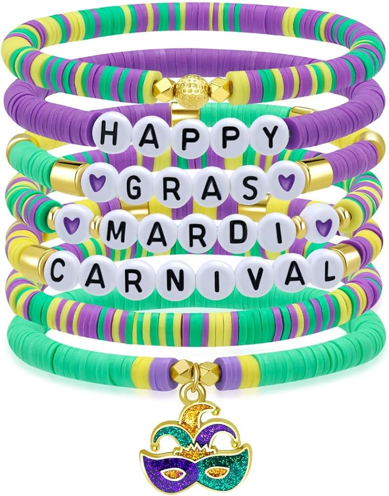 Joyline Mardi Gras Bracelet for Women Purple Green Gold Beaded Stackable Strech Bracelet for Mard... | Amazon (US)