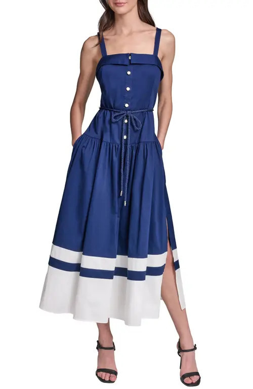 KARL LAGERFELD Contrast Border Midi Dress in Maritime/soft White at Nordstrom, Size 8 | Nordstrom