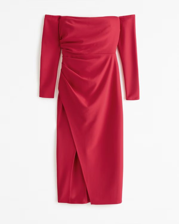 Women's Long-Sleeve Off-the-Shoulder Crepe Midi Dress | Women's Clearance | Abercrombie.com | Abercrombie & Fitch (US)