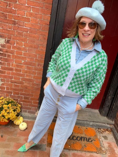 How fun is this checked 💚🩵 cropped cardigan so fun.  Wearing a denim shirt underneath.  A pair of blue corduroy pants. How cute is the beret!  Oui!

#LTKstyletip #LTKfindsunder50 #LTKsalealert