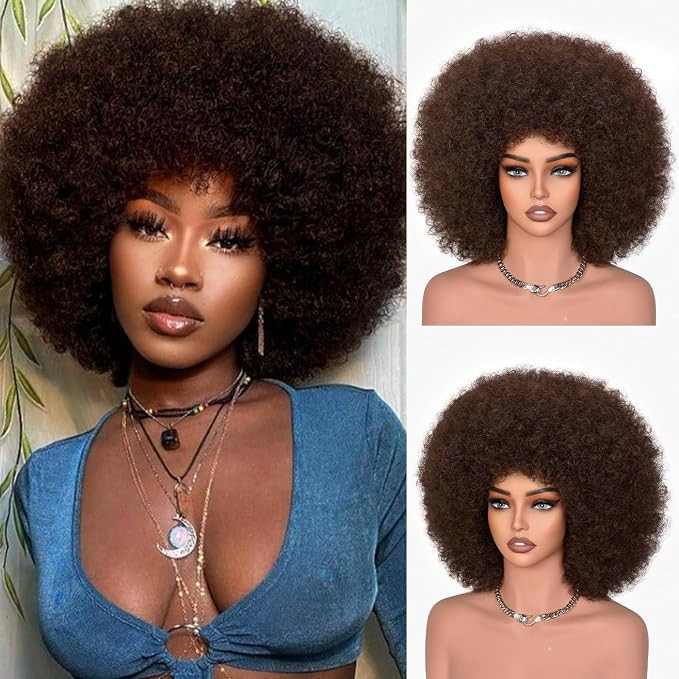 Afro Wigs for Black Women 70s Afro Kinky Curly Huge Fluffy Wig with Bangs | Amazon (US)