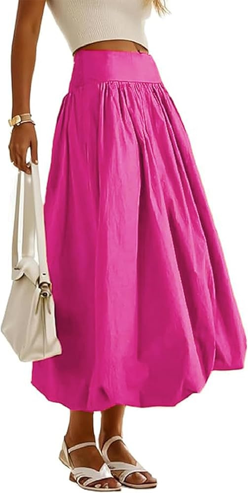 Women's Bubble Long Skirt Elastic Waist A-Line Pleated Ruffle Flowy Balloon Maxi Skirts with Pock... | Amazon (US)
