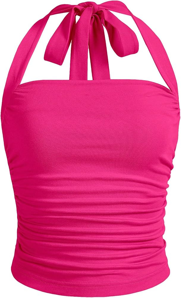 SOLY HUX Women's Ruched Halter Y2K Crop Tops Tie Back Sleeveless Slim Fit Cami Tops | Amazon (US)