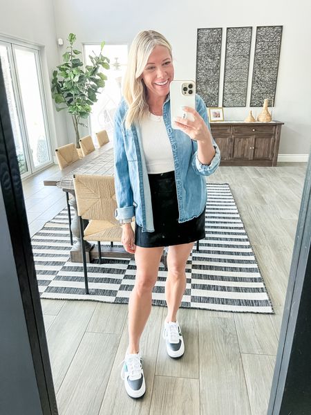 Love this denim button-down shirt with a white tank top black skirt and Nike sneakers. Small shirt, tank top and skirt. Big kids size 6.5 shoes which are equal to a women’s eight.

#LTKSeasonal #LTKStyleTip #LTKOver40