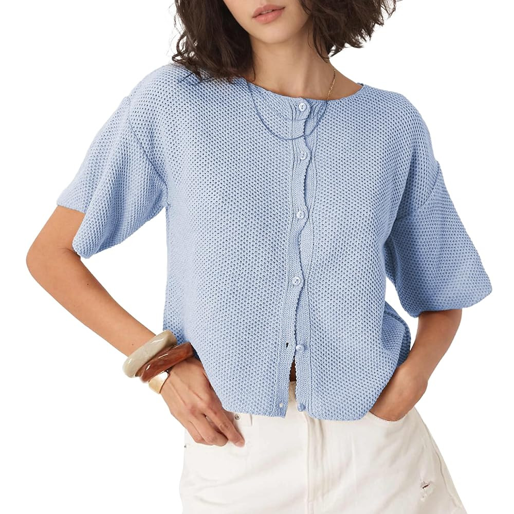 Ainangua Womens Casual Cardigan Summer Short Sleeve Crew Neck Button Down Knit Sweater Tops Light... | Amazon (US)