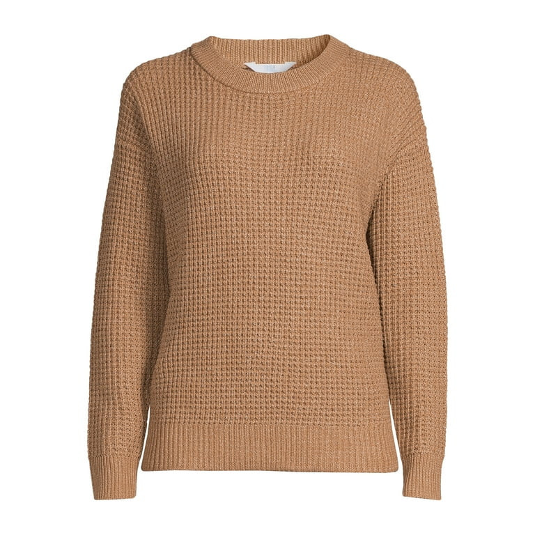 Time and Tru Women's Long Sleeve Waffle Crewneck Pullover Sweater | Walmart (US)