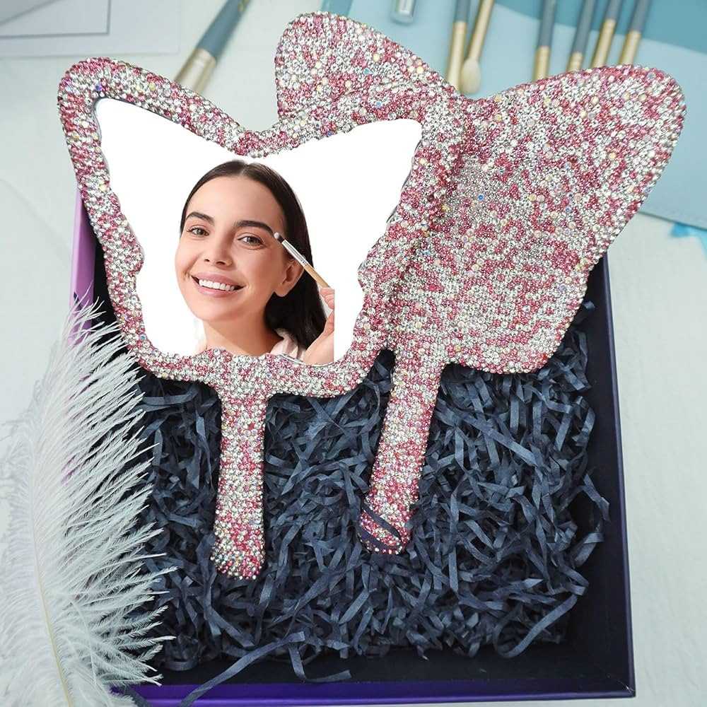 Rhinestone Mirror Handheld Butterfly Shaped Bling Lashes Hand Mirrors Shining Glitter Cosmetic Da... | Amazon (US)