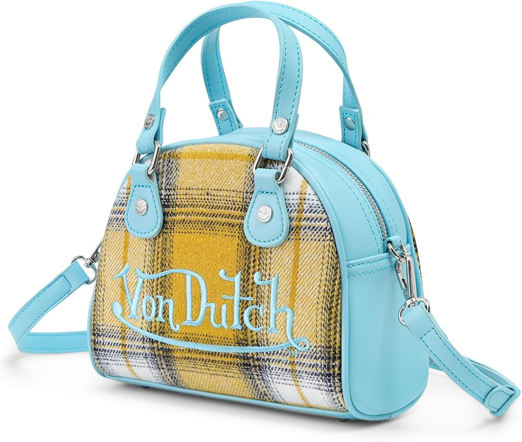 Von Dutch Plaid Mini Bowling Bag | 8” Vegan Leather Crossbody with Logo Stitching, Top Handles ... | Amazon (US)