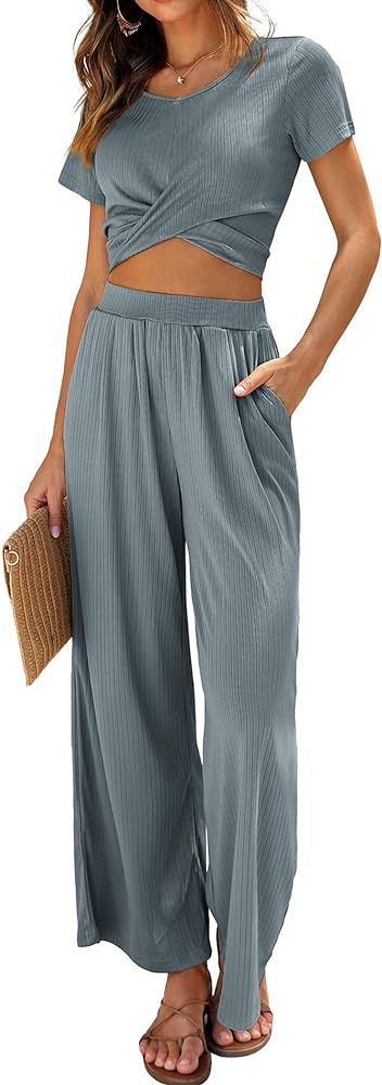 Ekouaer Womens Pajama Sets 2 Piece Lounge Set Short Sleeve Outfit Sets Ribbed Knot Crop Top Wide ... | Amazon (US)