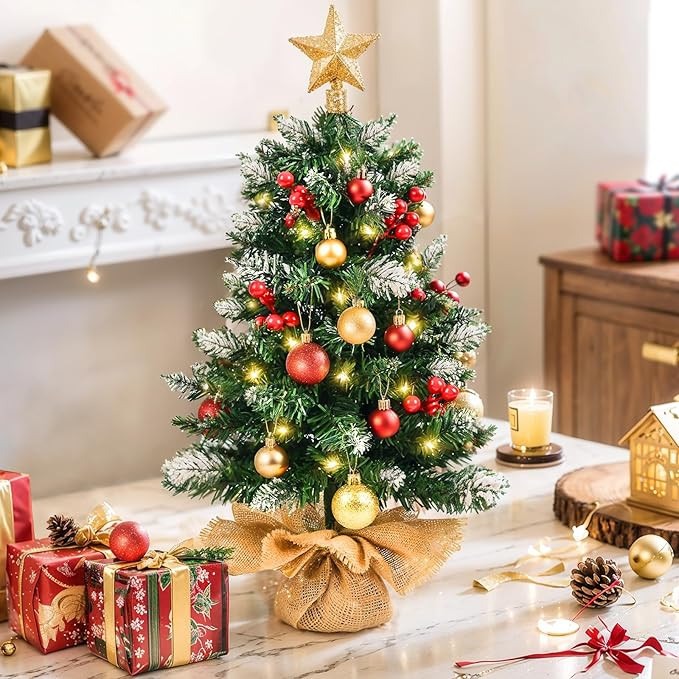 Mini Christmas Tree with Lights, 24 Inch Tabletop Christmas Tree with Berries Star Treetop Orname... | Amazon (US)
