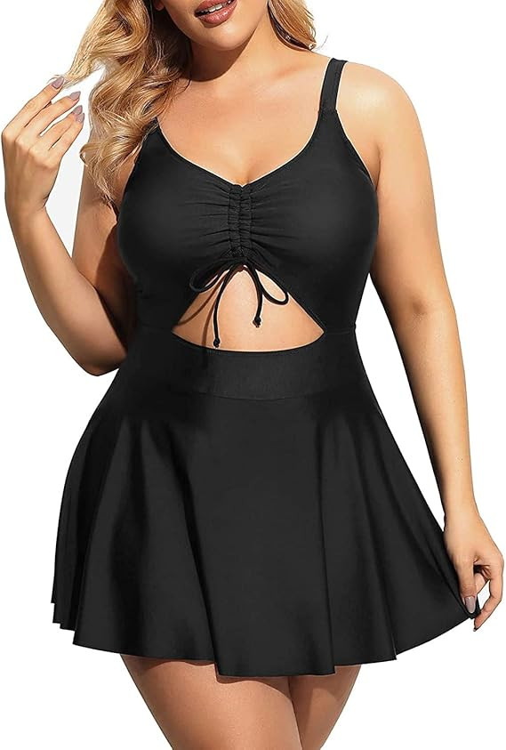 Yonique Women Plus Size One Piece Swimsuits with Skirt V Neck Floral Printed Swimdress Cutout Bat... | Amazon (US)