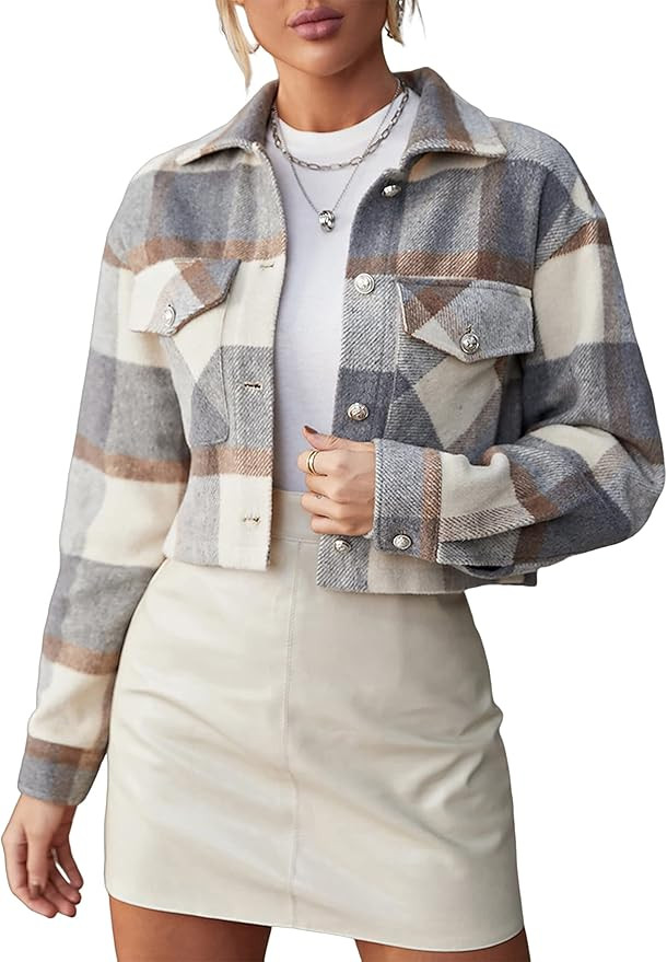 Yeokou Women's Fashion Cropped Flannel Wool Blend Plaid Shacket Long Sleeve Button Down Jackets C... | Amazon (US)