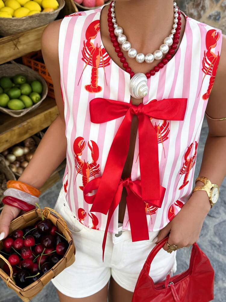 Selianne Blusa Sin Mangas Con Estampado De Rayas Y Langosta, Estilo De Vacaciones De Verano Para Mujer | SHEIN