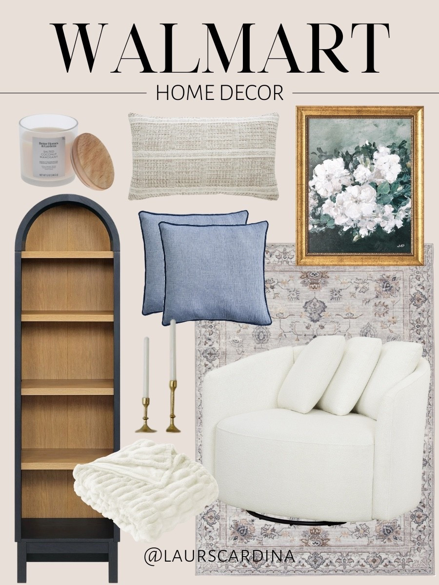 Walmart home decor pieces include a candle, lumbar pillow, set of two blue square pillows, floral wall art, a narrow arch bookcase, candlesticks, a cozy blanket, an accent chair, and a floral area rug.

Walmart home, home decor, spring decor

#LTKFindsUnder50 #LTKHome