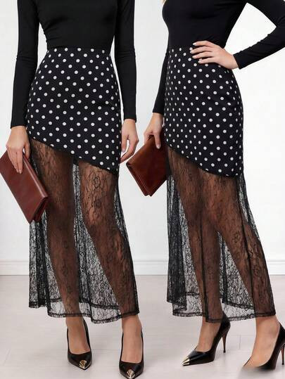 NOVVYNE Black Polka Dot Print Sheer Lace Patchwork Elegant Skirt | SHEIN