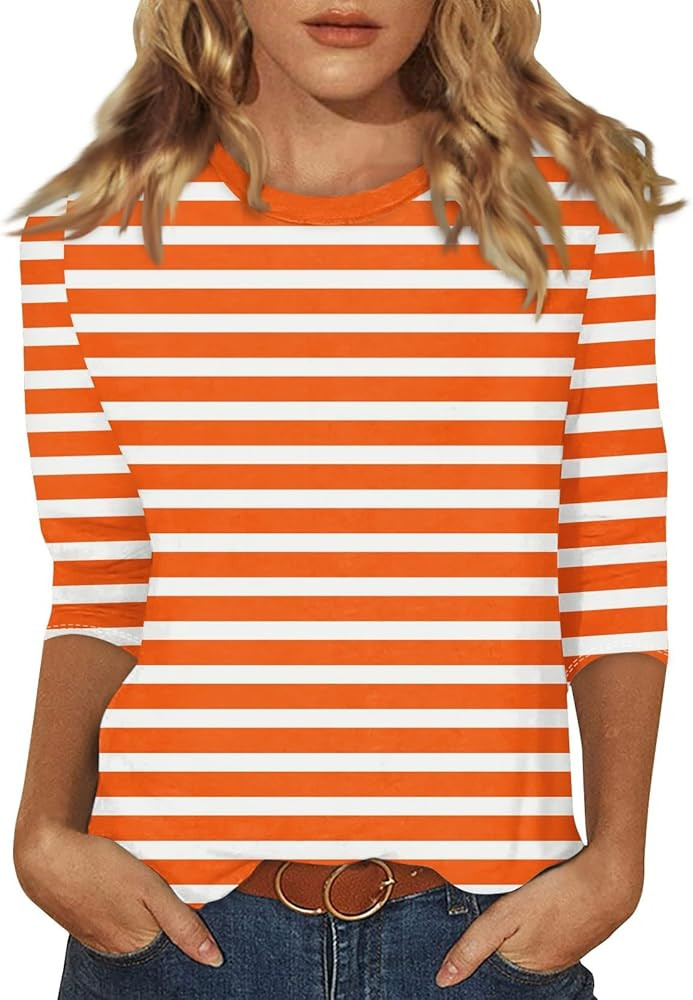 slqdgmryz 3/4 Sleeve Shirts for Women Spring Striped Crewneck Business Casual Tops Loose Three Qu... | Amazon (US)