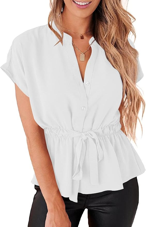 Womens Button Down Chiffon Blouses Casual Peplum Summer Tops Dressy Henley Shirts | Amazon (US)
