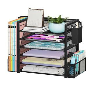 Black 18 in x 13 in Metal 6-Tier Desktop File Organizer with Removable Pen Holders and Sliding Drawer | The Home Depot