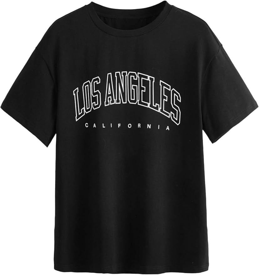 SheIn Women's Novelty Letter Graphic Oversized Drop Shoulder Longline Tee Tshirts | Amazon (US)