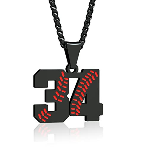 Suweibuke Inspiration Baseball Necklaces Baseball Jersey Number 0-99 Necklace Stainless Steel Baseball Chain Number Pendant Necklace Baseball Team Jewelry Gift for Boys girls (34), black | Amazon (US)