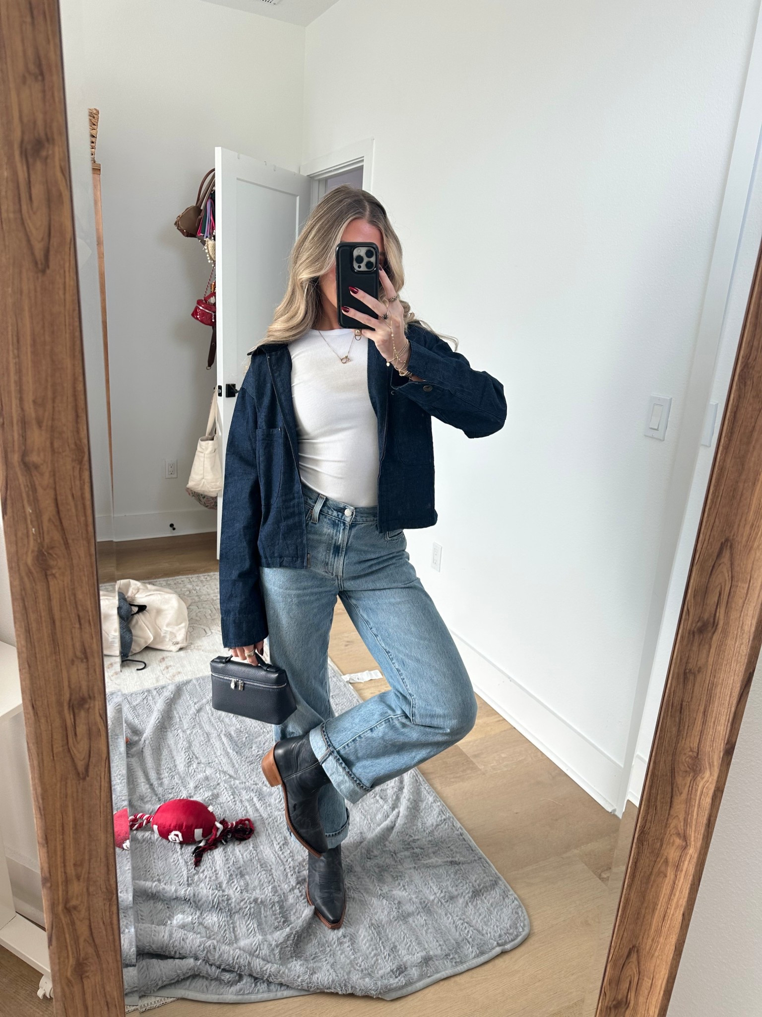 Jeans @aritzia, top @nuuds, bag @amazon, necklace @electricpicks, jacket @amazon

Aritzia 7 years blue taboo size 24 jeans. The iconic '70s wide leg
Inspired by bold, adventurous '70s icons, The Farrah is Denim Forum’s signature wide-leg jean. With a high rise and slim hip, The Farrah hugs the figure and flares gradually out from the leg, ending in a clean hem. They're made with heavyweight, non-stretch denim that molds to your body over time. This fabric is sourced from a premier Italian mill and made with 100% regenagri-certified regenerative cotton. So go ahead, ride a skateboard. Fight crime. But do it with big hair. This version comes in a light medium indigo wash. The Farrah has been recently updated with a slightly lowered rise and a zip front for that perfect '70s look.

#LTKFindsUnder100 #LTKSaleAlert #LTKSeasonal