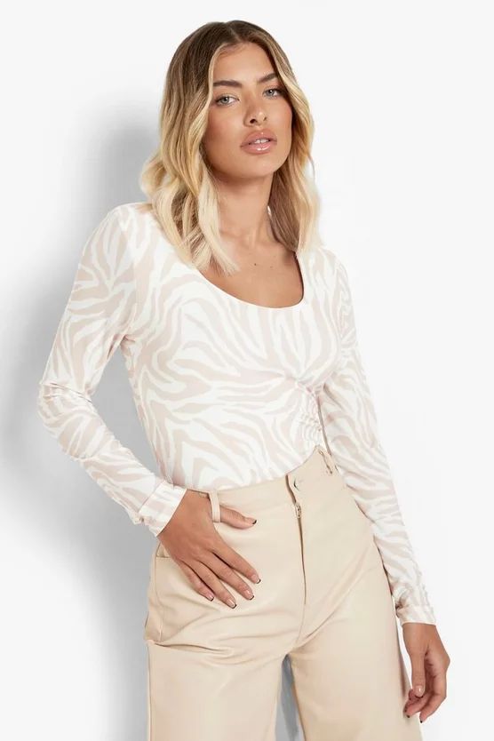 Zebra Double Slinky Long Sleeve Bodysuit | Boohoo.com (US & CA)