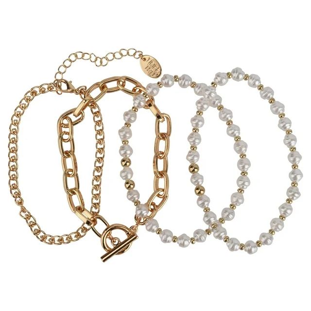 Time and Tru Women's Gold Tone and Faux Pearl Bracelet Set, 4-Piece | Walmart (US)