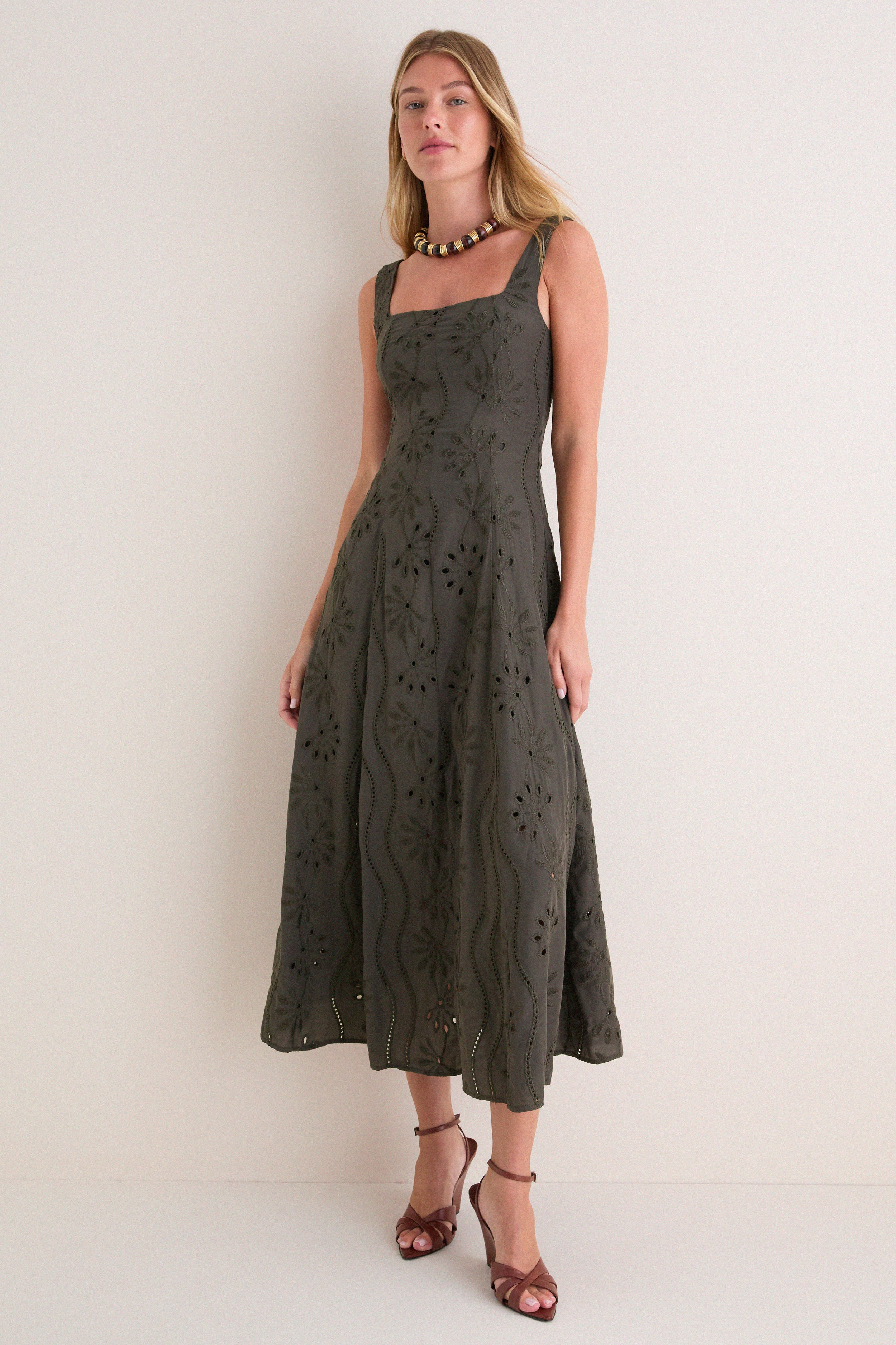 Dark Olive Embroidered Eyelet Square Neck Midi Dress | Tuckernuck (US)