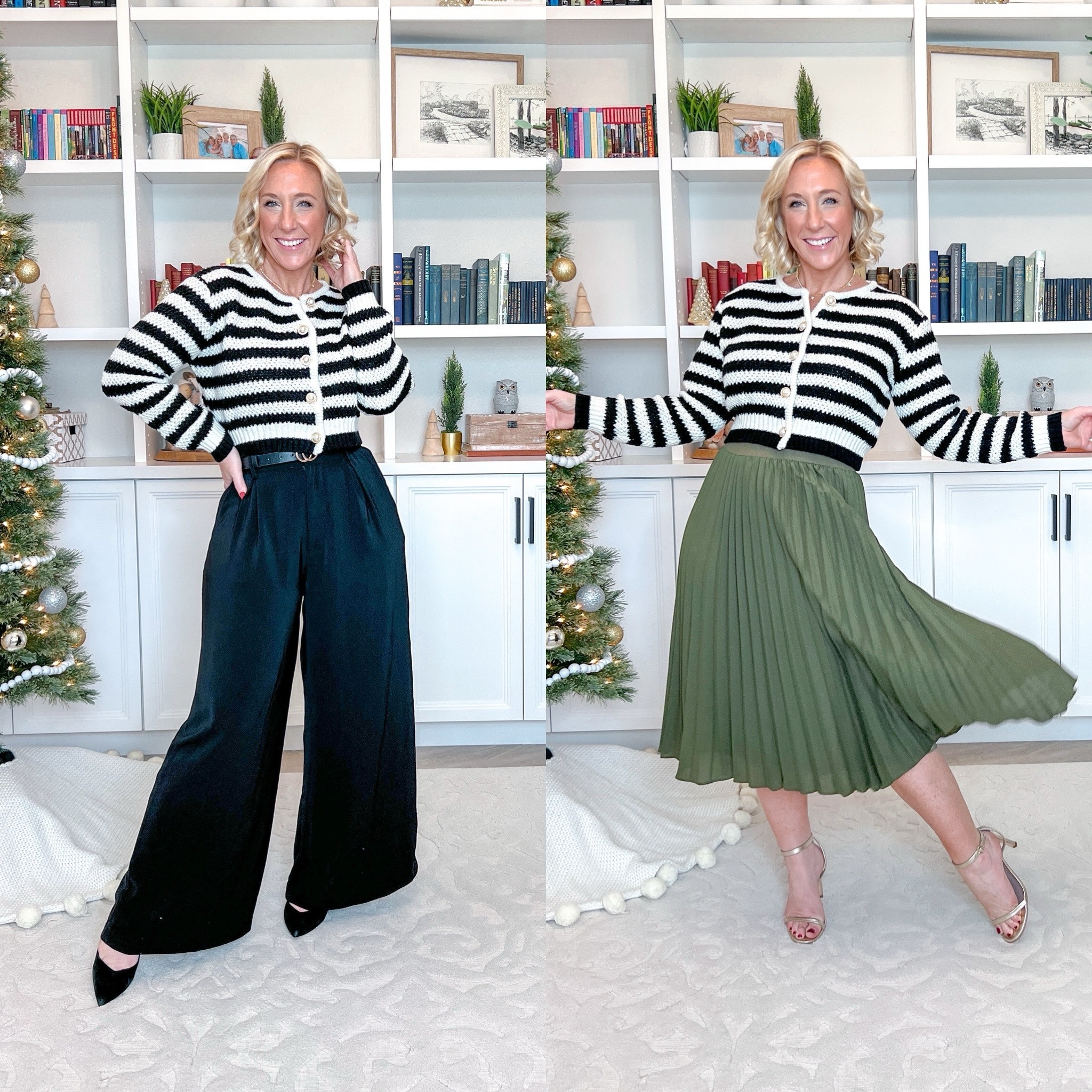 Striped cardigan sweater 2 ways to wear it. 
• cardigan - size medium, cropped fit, lady cardigan style.
• trouser pants - size small.
• green pleated skirt - size medium with an elastic waistband. Would be cute for a holiday outfit!
• linked my belt and jewelry (all from Amazon too). 
Work wear, Christmas outfit .


#LTKfindsunder50 #LTKSeasonal #LTKHoliday