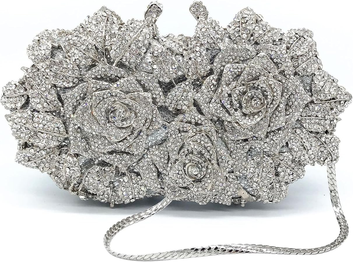 Sweetovo Luxury Crystal Rose Rhinestone Clutch Purse, Floral Evening Bag | Amazon (US)