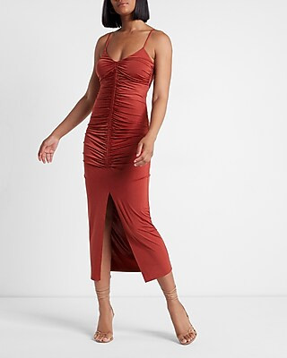 Body Contour Built-in Shapewear Ruched Midi Dress | Express