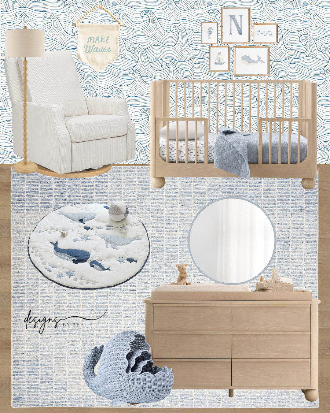 nursery decor, baby boy nursery, coastal nursery, whale nursery theme, ocean nursery, light wood nursery, natural nursery, blue and beige nursery, nursery mood board, nautical nursery art, wave wallpaper, light wood crib, toddler bed transition, nursery dresser, changing table, nursery swivel glider, white glider, blue nursery rug, whale play mat, wicker whale basket, nursery floor lamp, nursery mirror, sea life decor, nursery inspiration, baby room ideas 

 

#LTKHome #LTKBaby #LTKKids