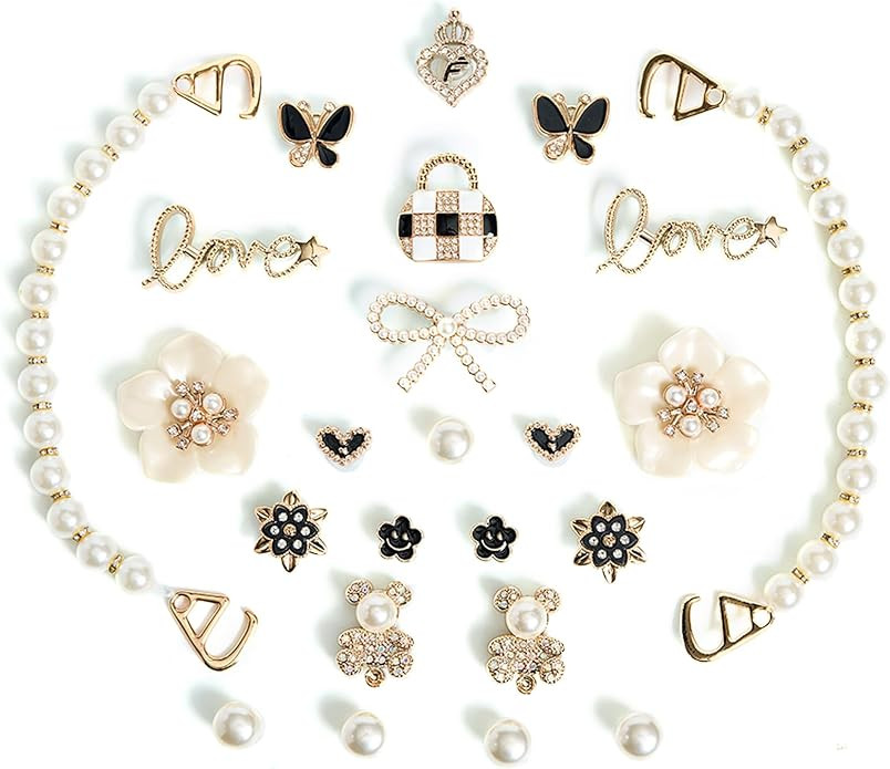 24pcs Bling Cute Shoe Charms for Women,Flower,Butterfly,Cub,Pearl Chain,Sparkle Rhinestones Pearl... | Amazon (US)