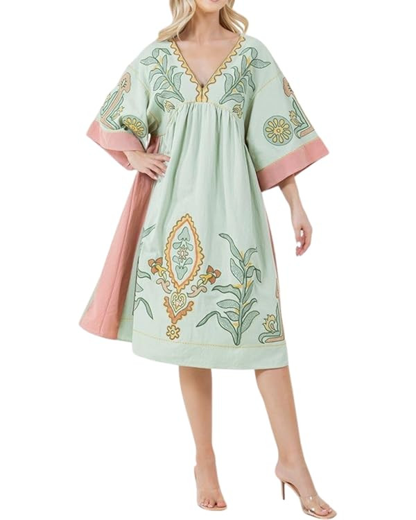 Joiemont Womens Oversized Floral Embroidered Long Dress with V-Neck and 3/4 Sleeves Vintage Embro... | Amazon (US)